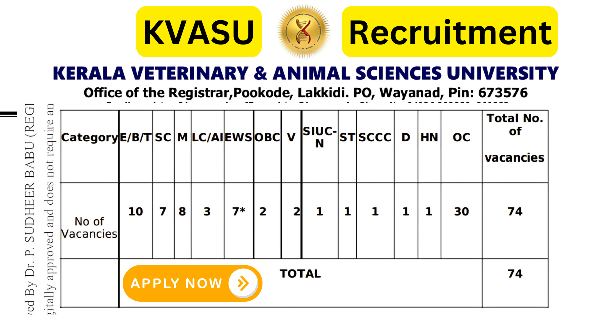 KVASU Recruitment 2024: 74 सहायक प्रोफेसर की नौकरियां, 3 फरवरी 2025 से पहले आवेदन करें