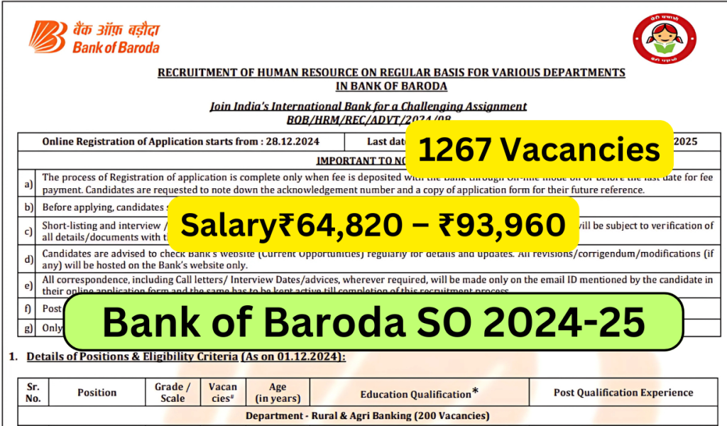 Bank of Baroda SO 2024-25: 1267 रिक्तियों के लिए सुनहरा मौका – अभी आवेदन करें